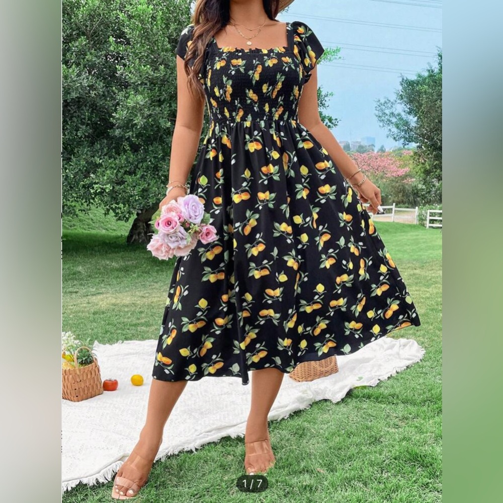 SHEIN Black Midi Dress with Yellow Lemon Print